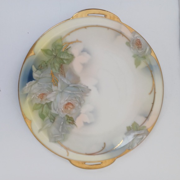 Royal Rudolstadt Hand Painted Prussia Plate White Roses Gold Trim Handles - Picture 5 of 13